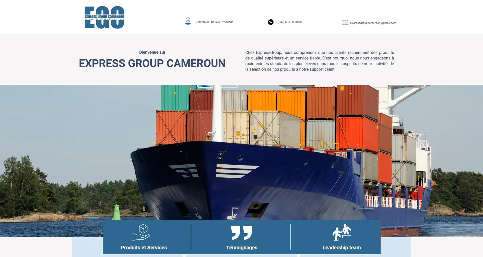 Express Group Cameroon landing page: logo, contact details, welcome text and a container ship image